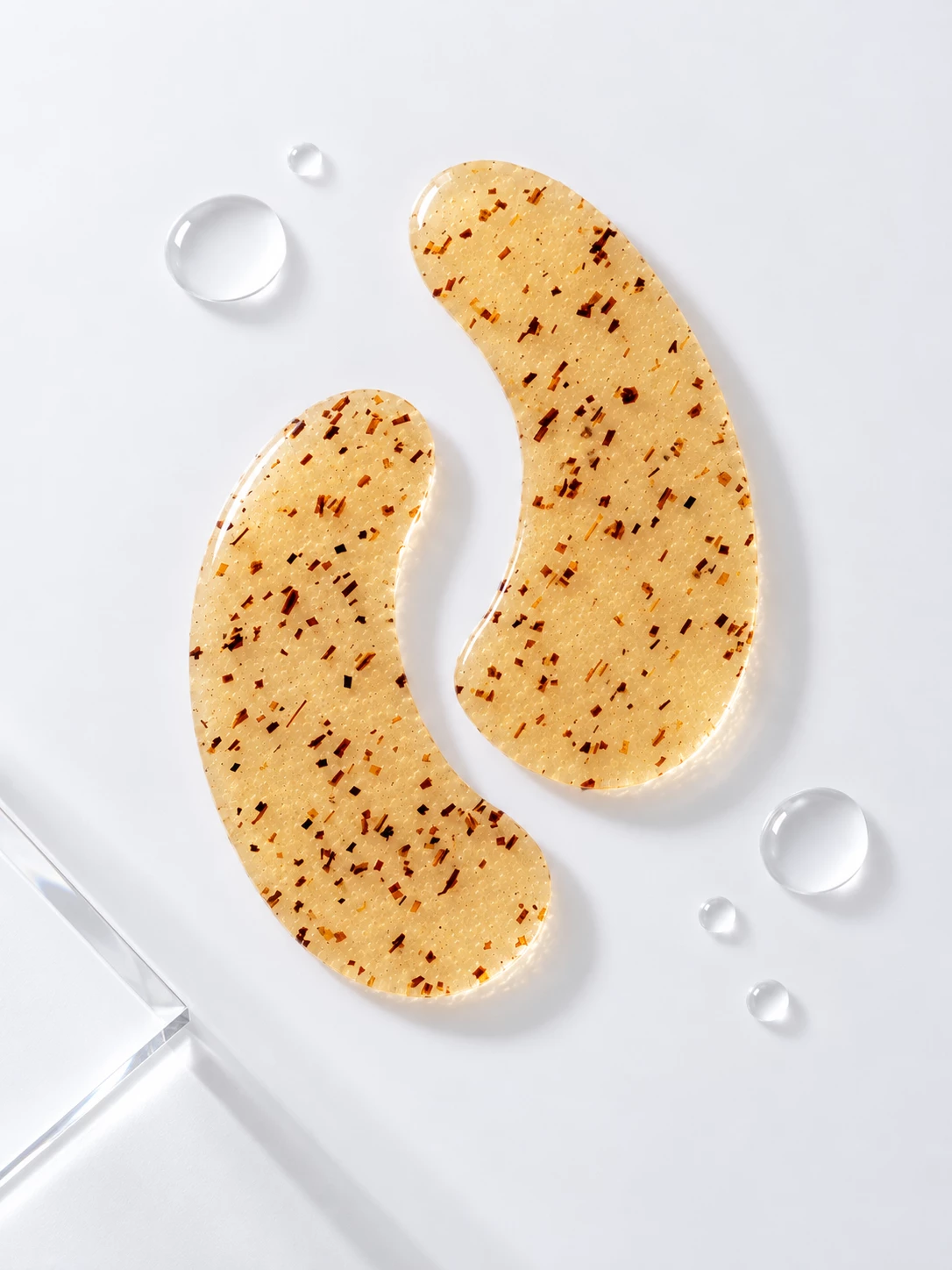 Golden KAZ Beauty eye pads on a white surface with clear water droplets