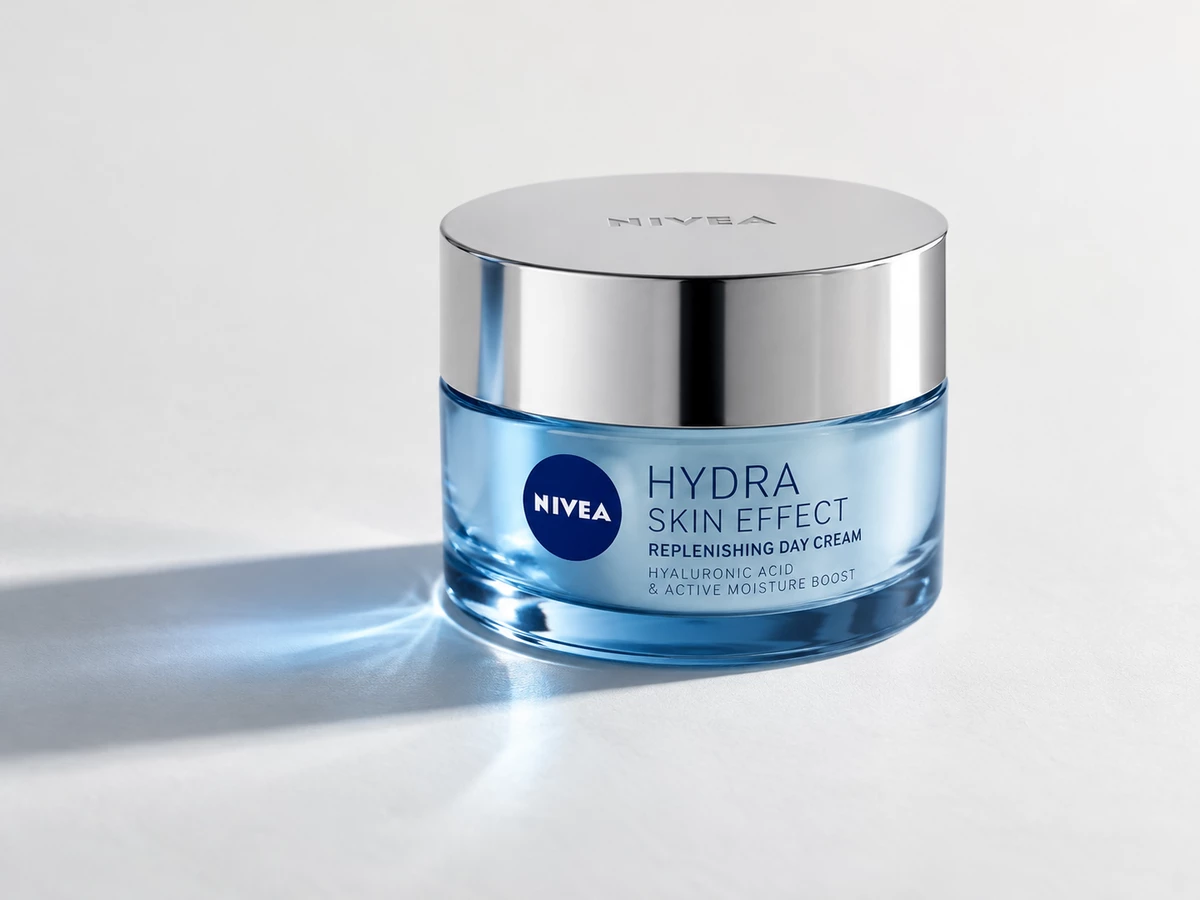 Nivea Hydra Skin Effect jar with silver lid and blue light reflections