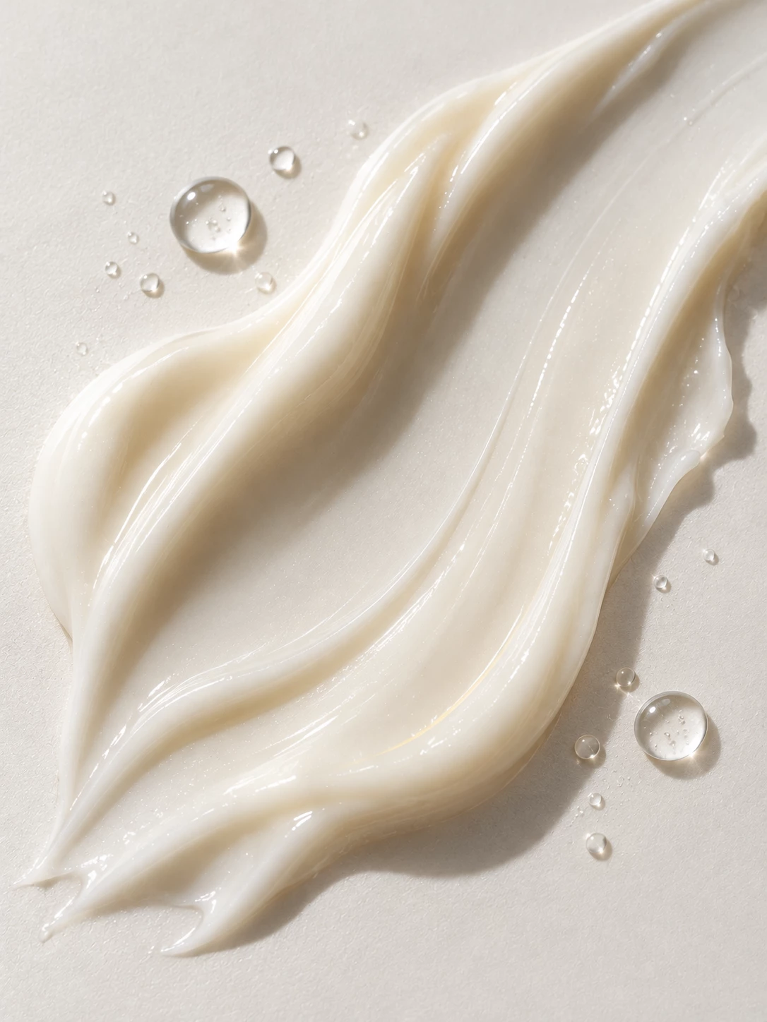 Close-up of flowing white cream and clear water droplets