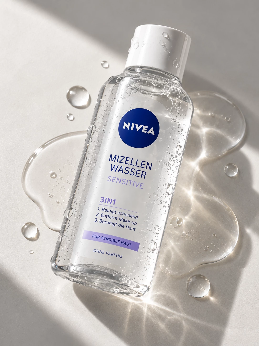 Nivea Sensitive micellar water bottle lying diagonally on clear gel