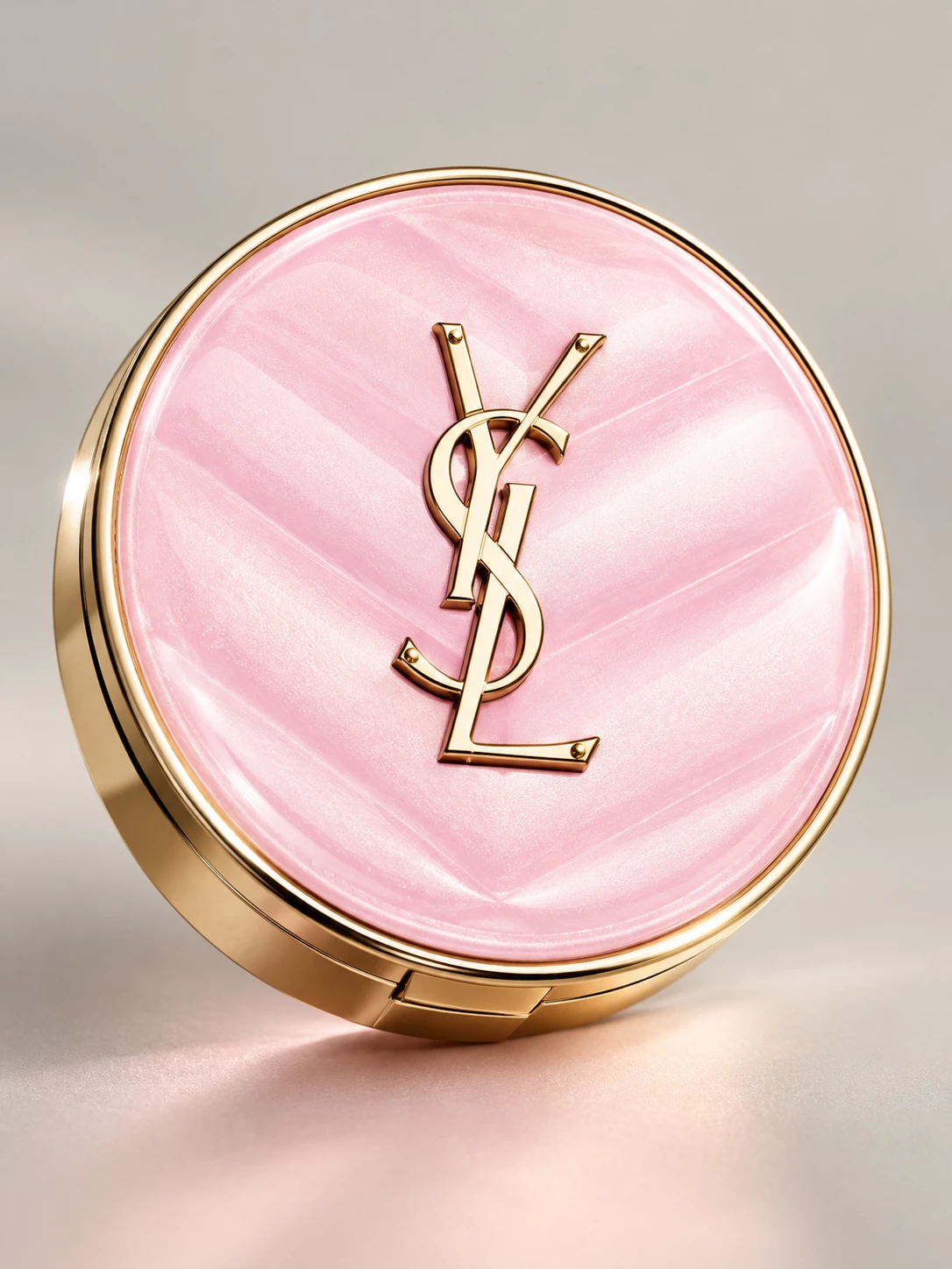 Close-up of the pink YSL compact and raised gold logo